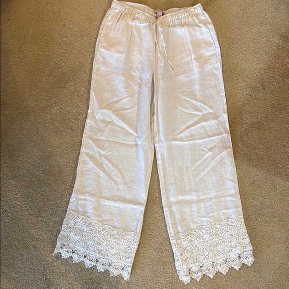 Saint Tropez West Pants - Saint Tropez West Linen White Wide Leg Lace Trim Pants